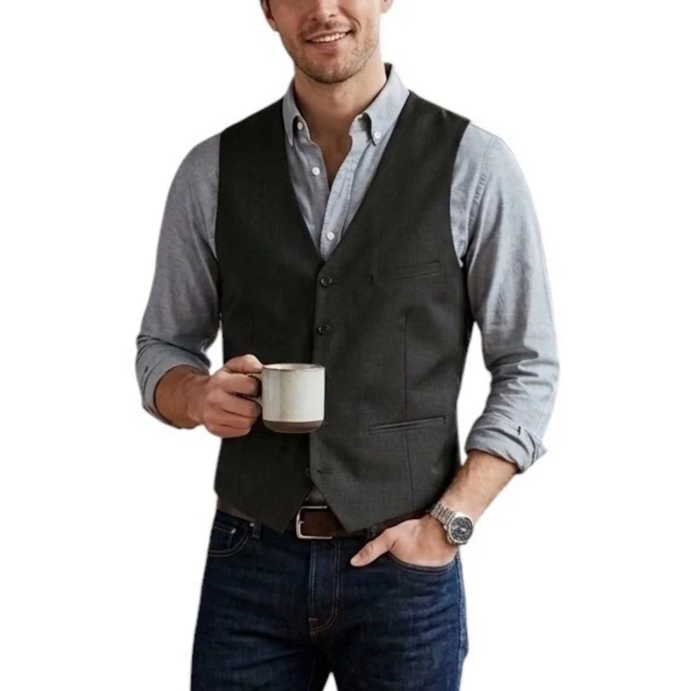 H&M Slim Fit Suit Vest Mens 42R Charcoal Grey 5-Button Waistcoat Business Casual